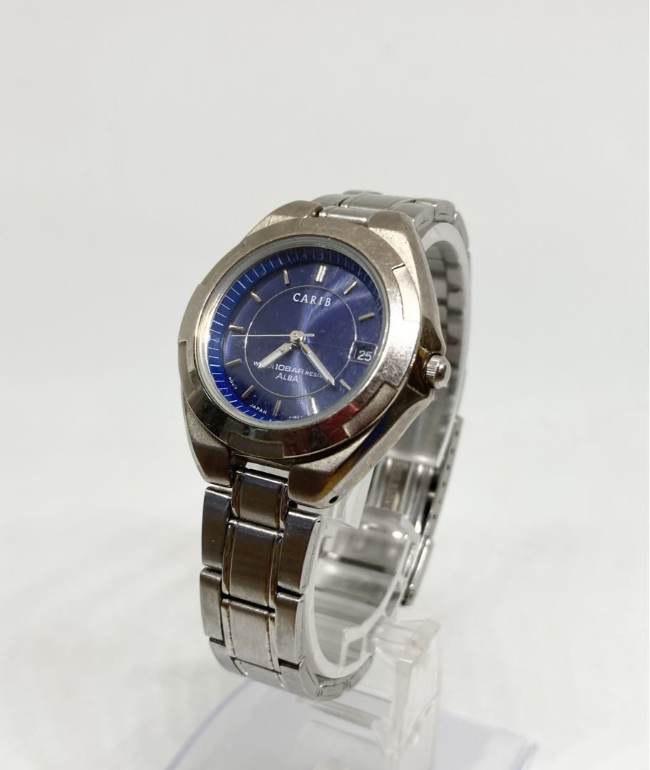 Seiko Alba Carib V182-0D10 Analog Solar Men Watch Silver Blue Dial 10 Bar