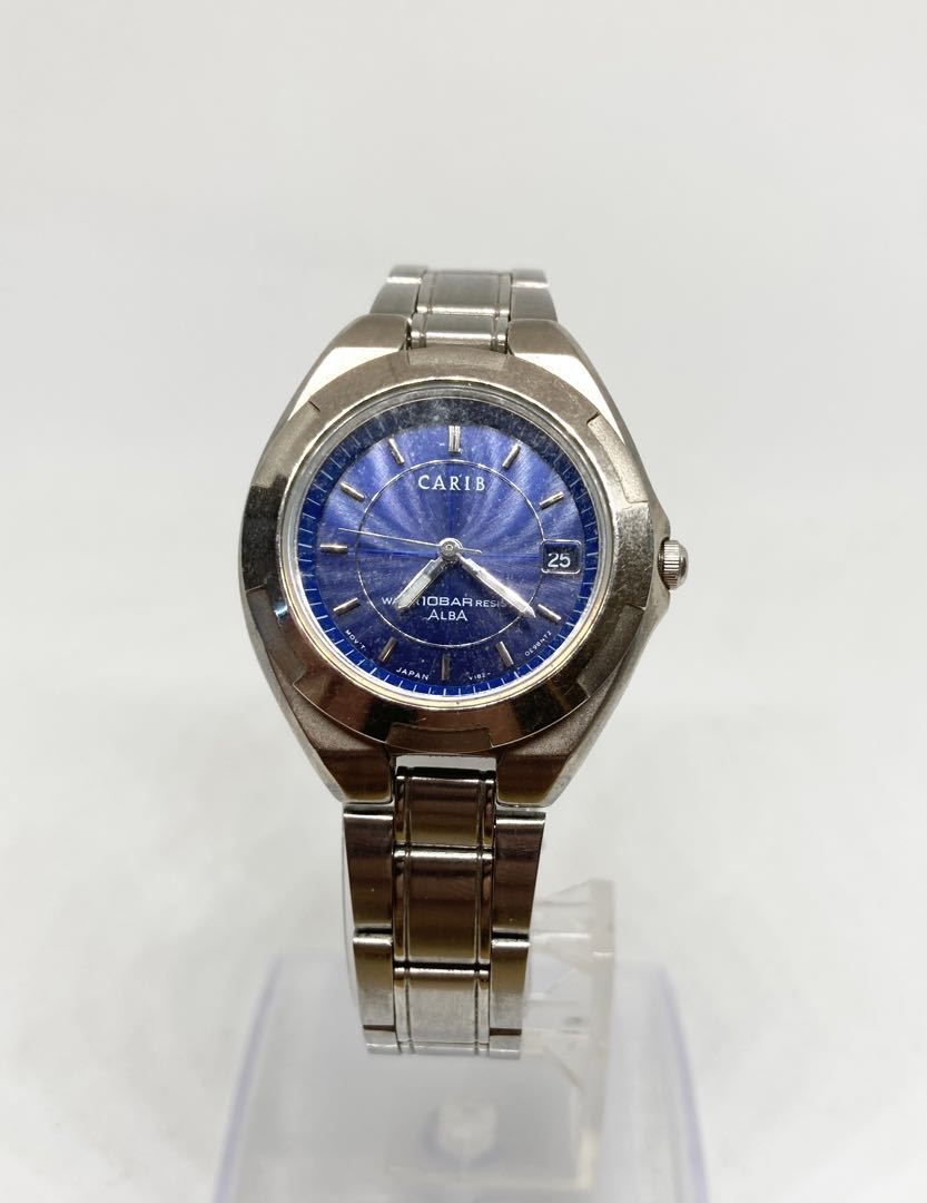 Seiko Alba Carib V182-0D10 Analog Solar Men Watch Silver Blue Dial 10 Bar