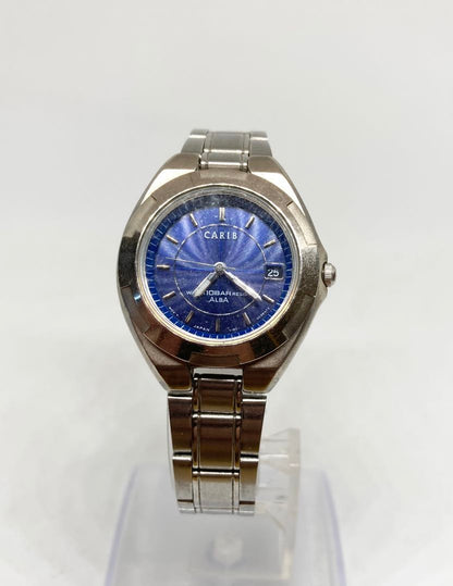 Seiko Alba Carib V182-0D10 Analog Solar Men Watch Silver Blue Dial 10 Bar